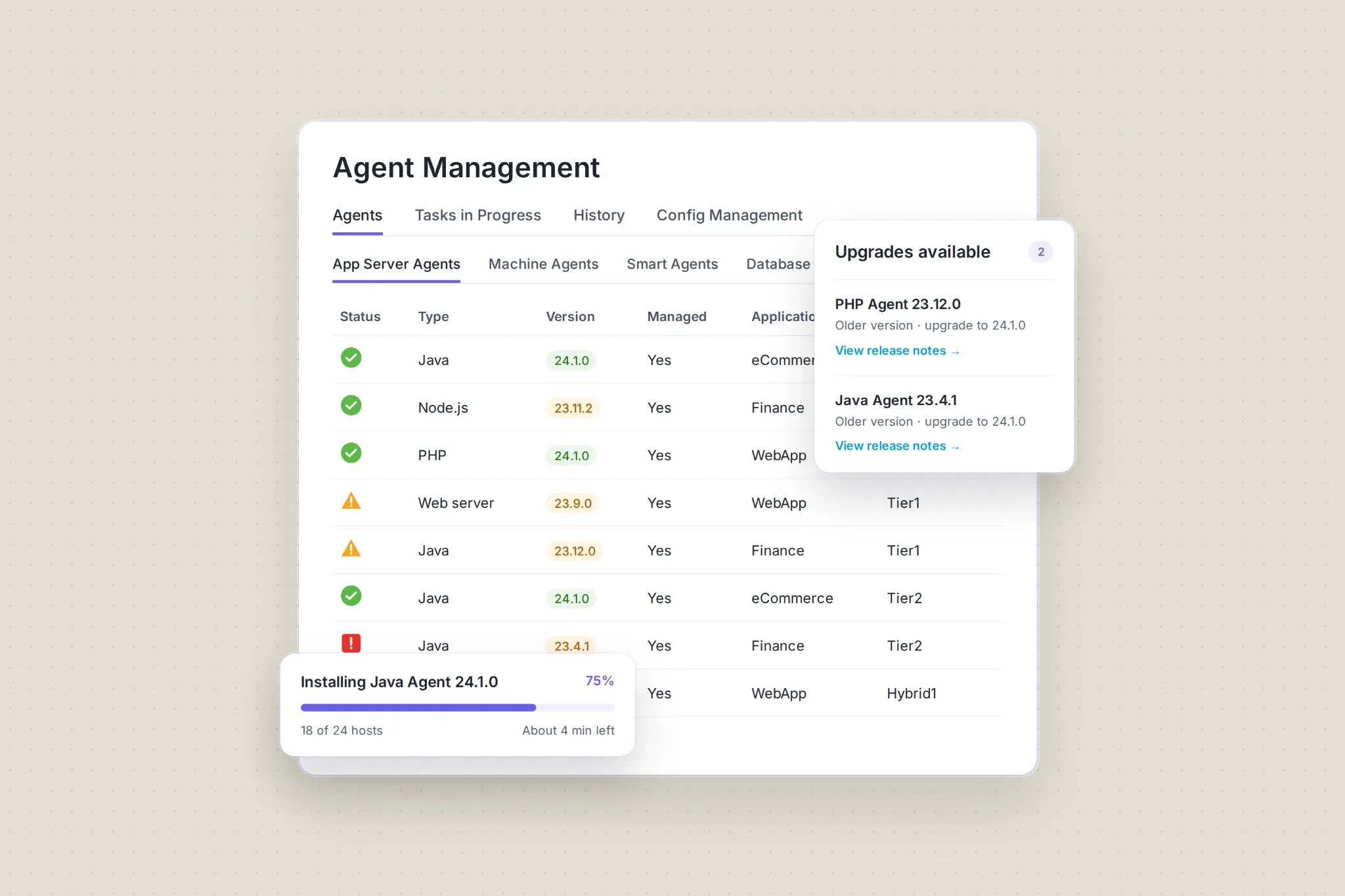 Agent Management interface showing agent status, types, versions and available upgrades