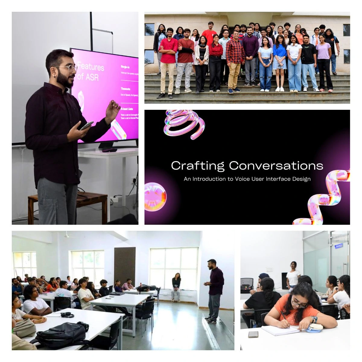 A collage of the conversation-design talk, group photo and classroom activities at Avantika University.