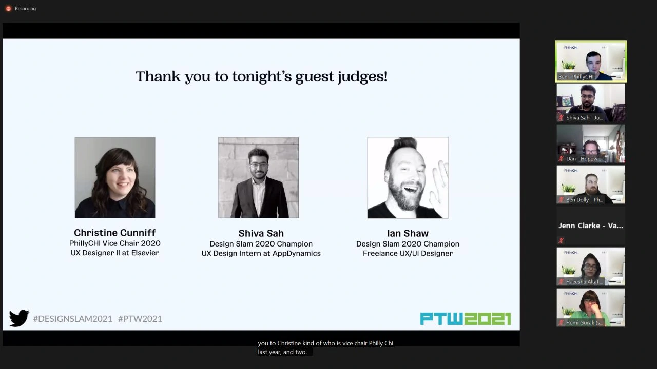 A guest-judges slide from the online PhillyCHI Design Slam event.
